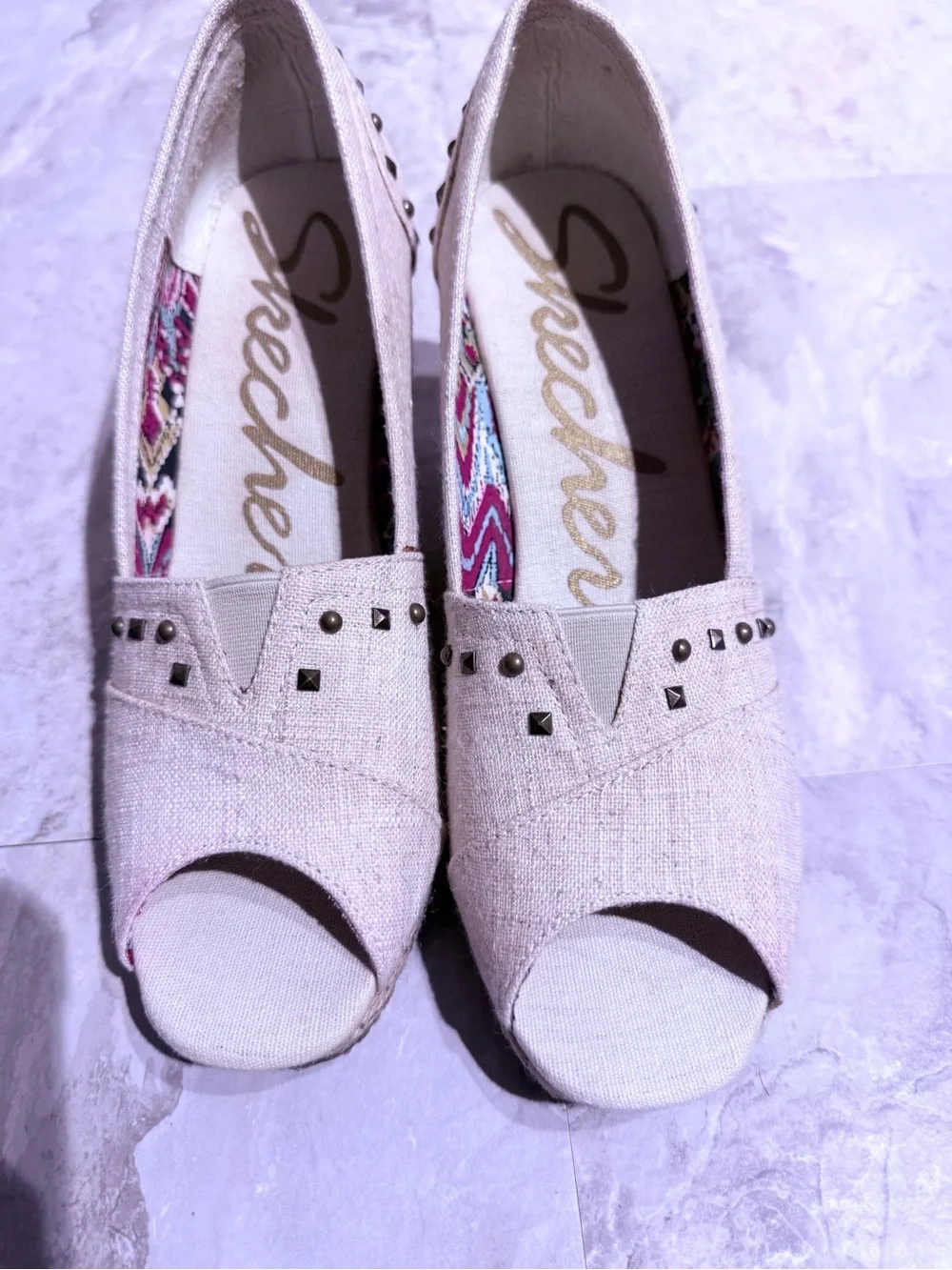 Skechers Cali Salty Natural Linen Peep Toe Studded Wedges Womens Size 9